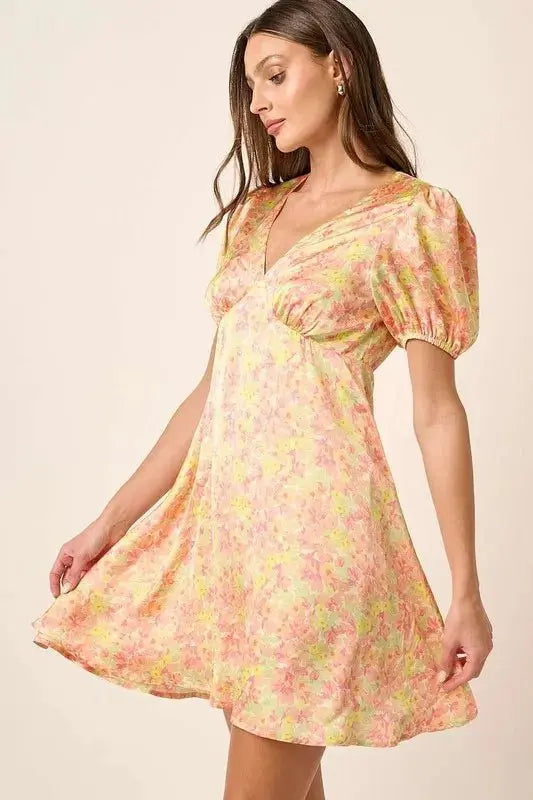Mittoshop Printed V-Neck Puff Sleeve Mini Dress for Women - Love Salve